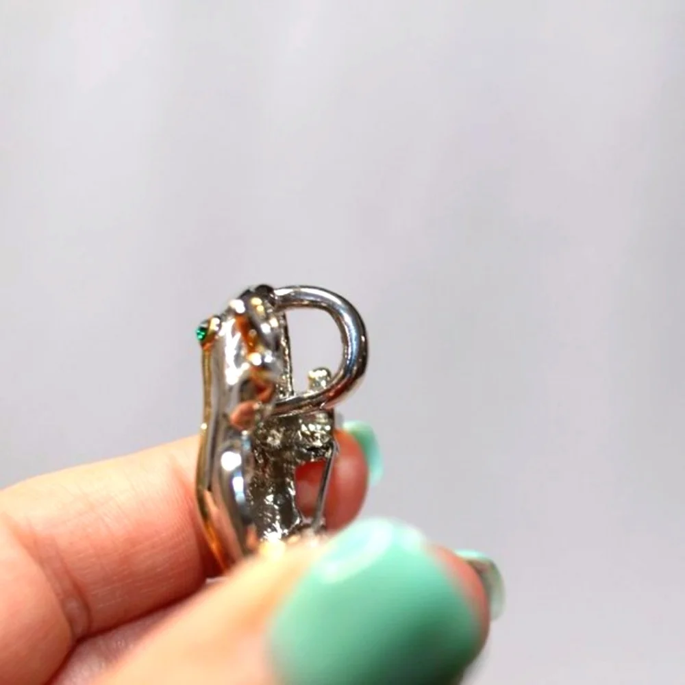 Silver and Gold Trimmed Frog Brooch with Green Eyes